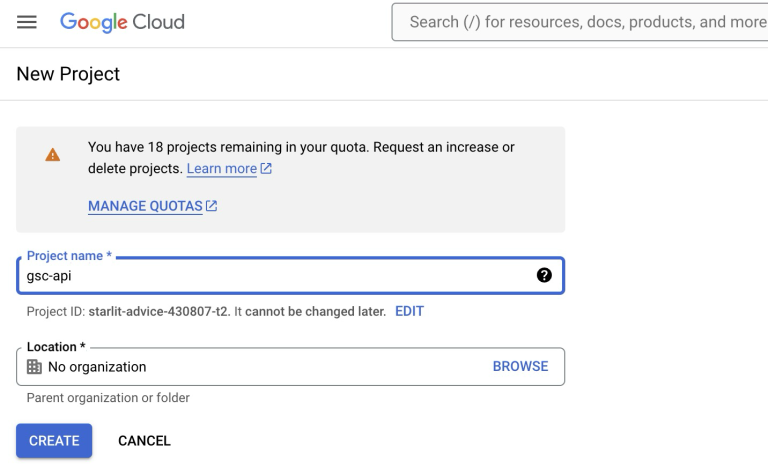 Google Cloud Platform新規プロジェクト作成画面